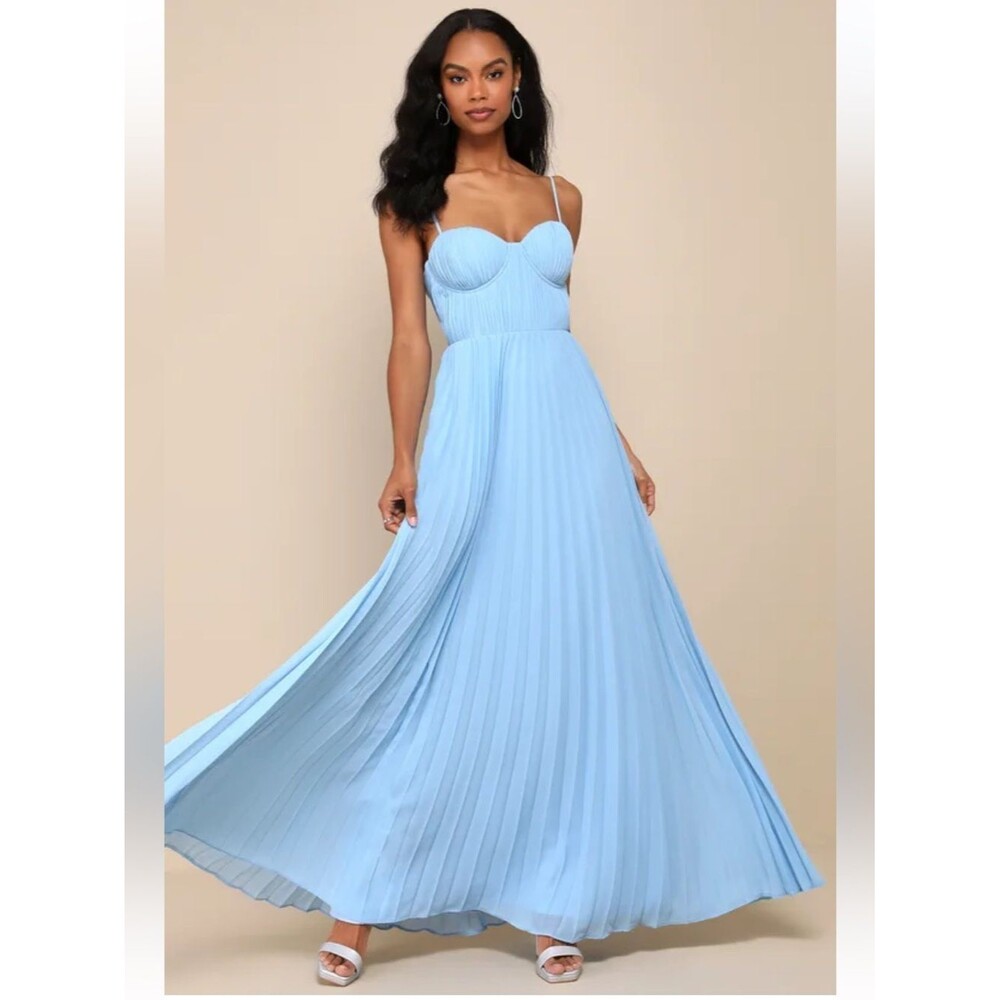 NEW Lulus Admirable Elegance Light Blue Pleated Bustier Maxi Dress Size XL NWT